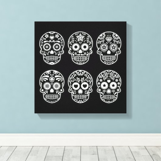 Zwarte en witte suikerschedel canvas afdruk (Insitu (Houten vloer))