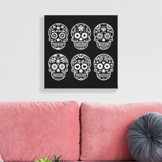 Zwarte en witte suikerschedel canvas afdruk (Insitu (Woonkamer))
