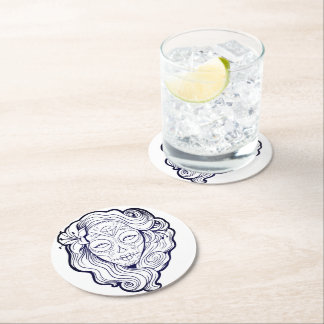 Zwarte en witte suikerschedel ronde kartonnen onderzetter