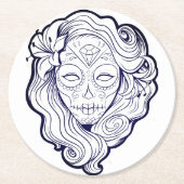 Zwarte en witte suikerschedel ronde kartonnen onderzetter (Voorkant)