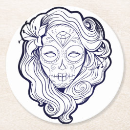 Zwarte en witte suikerschedel ronde kartonnen onderzetter