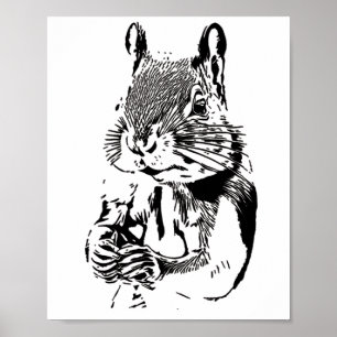zwarte en witte tekening van een schattige eekhoor poster