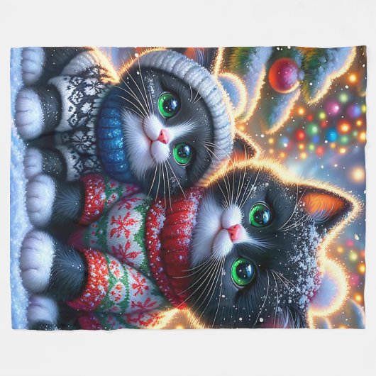 Zwarte en witte Tuxedo Kittens 'Eerste Kerst' Fleece Deken (Voorkant (Horizontaal))