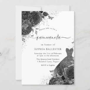 Zwarte en witte Vintage Elegant Quinceanera Party Kaart
