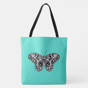 Zwarte en witte vlinder, achtergrond turkooizen tote bag