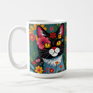 Zwarte en witte volkskunst Kat en bloemen grillig Koffiemok