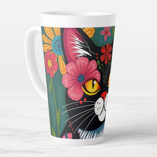 Zwarte en witte volkskunst Kat en bloemen grillig Latte Mok (Linkerhoek)