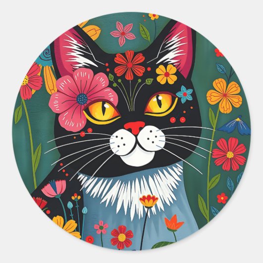 Zwarte en witte volkskunst Kat en bloemen grillig Ronde Sticker (Voorkant)