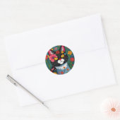 Zwarte en witte volkskunst Kat en bloemen grillig Ronde Sticker (Envelop)