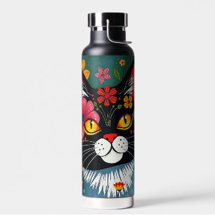 Zwarte en witte volkskunst Kat en bloemen grillig Waterfles