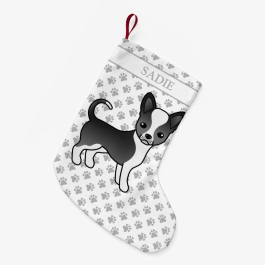Zwarte en witte zachte laag Chihuahua Dog & Name Kleine Kerstsok (Voorkant (Hangend))