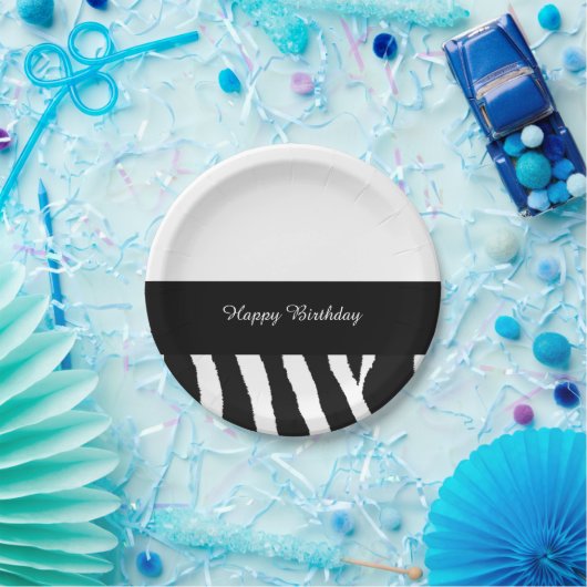Zwarte en witte Zebra Birthday Stripe Papieren Bordje (Feest)