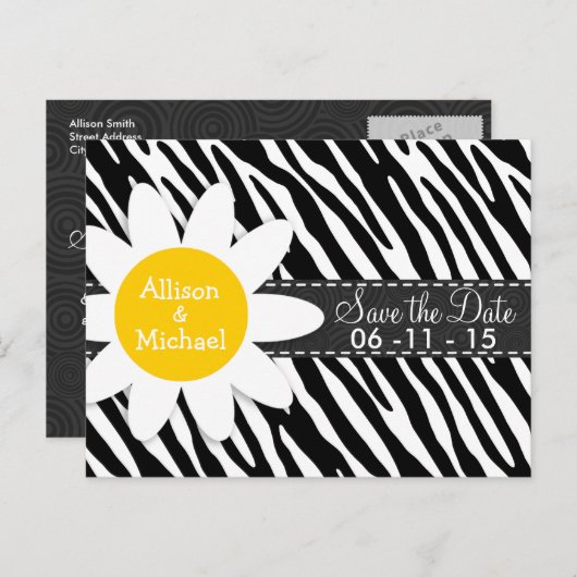 Zwarte en witte Zebra; Spring Daisy Aankondigingskaart (Voorkant / Achterkant)