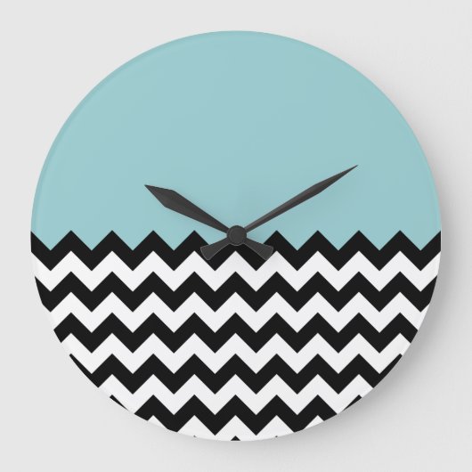 Zwarte en witte zigzag Patroon, Chevron, blauw Grote Klok (Voorkant)