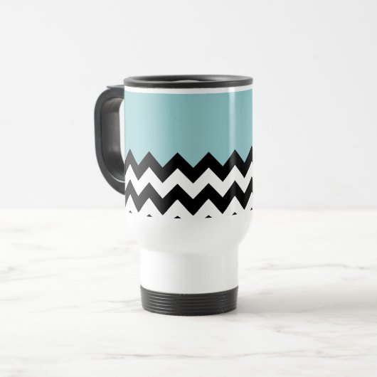 Zwarte en witte zigzag Patroon, Chevron, blauw Reisbeker (Voorkant links)