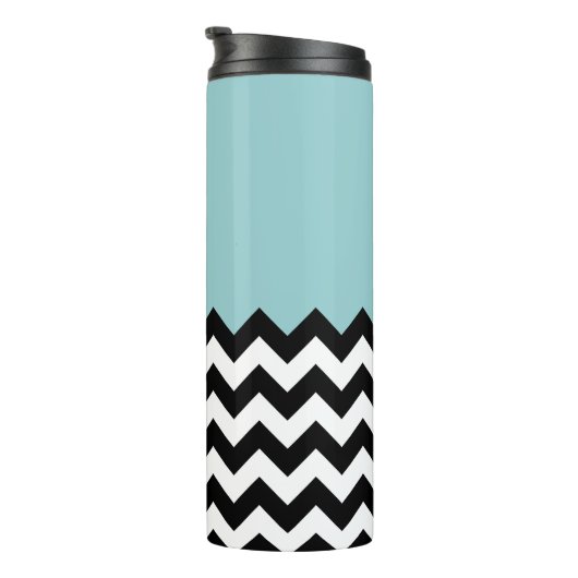 Zwarte en witte zigzag Patroon, Chevron, blauw Thermosbeker (Geroteerd rechts)