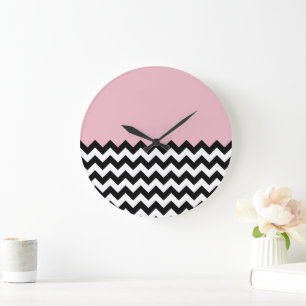 Zwarte en witte zigzag Patroon, Chevron, Roze Grote Klok