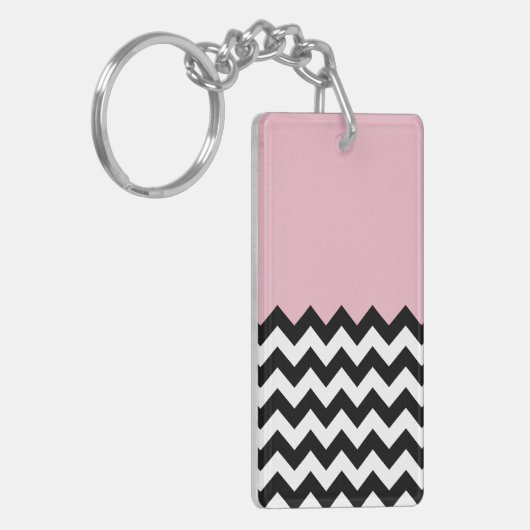 Zwarte en witte zigzag Patroon, Chevron, Roze Sleutelhanger (Voorkant Links)
