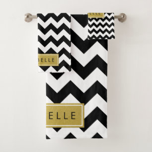 Zwarte en witte zigzag Patroon, Jouw naam Bad Handdoek