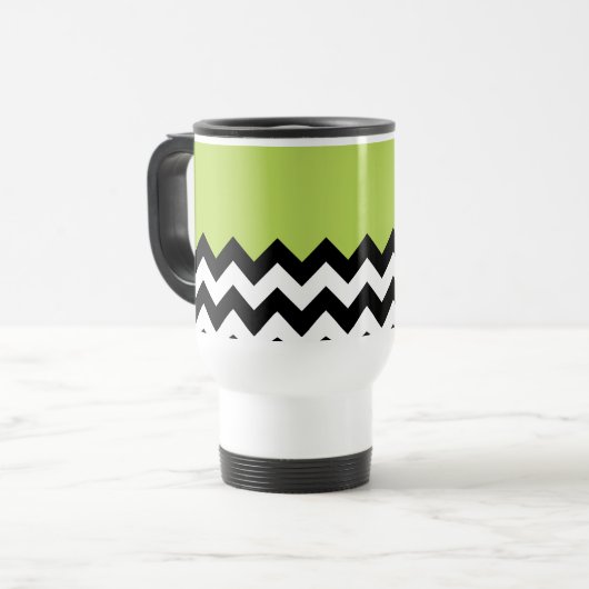 Zwarte en witte zigzag Pattern, Chevron, Green Reisbeker (Voorkant links)