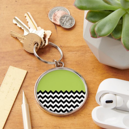 Zwarte en witte zigzag Pattern, Chevron, Green Sleutelhanger (Bureau)