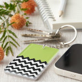 Zwarte en witte zigzag Pattern, Chevron, Green Sleutelhanger (Voorkant Rechts)