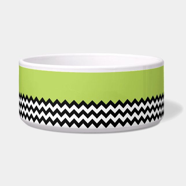 Zwarte en witte zigzag Pattern, Chevron, Green Voerbakje (Voorkant)