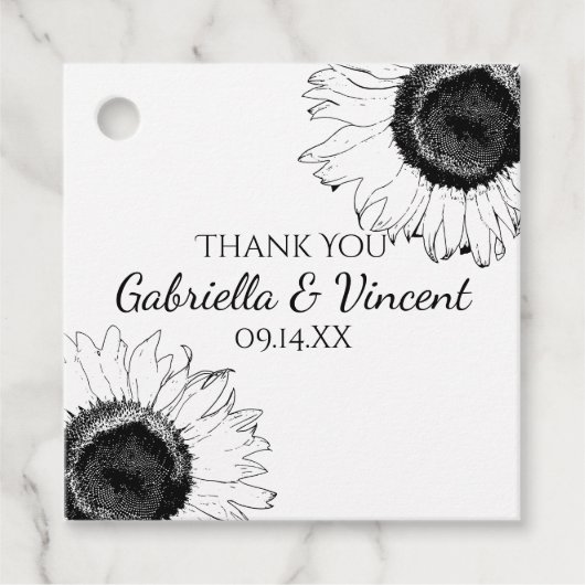 Zwarte en witte zonnebloem bedankjes labels (Voorkant)