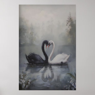 Zwarte en Witte Zwanen in Nevelig Donker Meer Poster