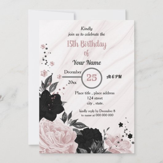 Zwarte en zachte roze verjaardag kaart (Voorkant)