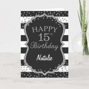 Zwarte en Zilverige Glitter 15th Birthday Card Kaart