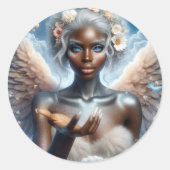 Zwarte engel met blauwe ogen ronde sticker (Voorkant)