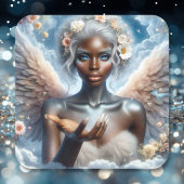 Zwarte engel met blauwe ogen vierkante sticker