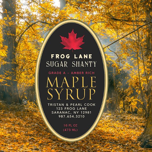 Zwarte esdoornsiroop met rood blad en rand ovale sticker