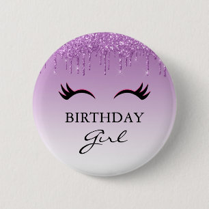 Zwarte Eyelashes en Paarse Glitter Birthday Girl Ronde Button 5,7 Cm