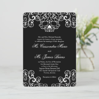 Zwarte Fancy Lace Skull Wedding Invitation Kaart