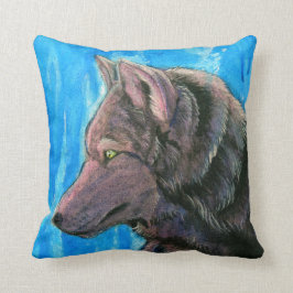 Zwarte Fantasy Wolf op Blauwe Pillow Kussen