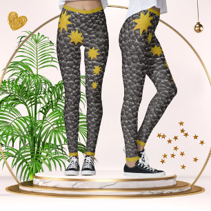 Zwarte Faux Lederen Textuur Gouden Sterren Trendy Leggings