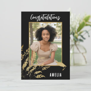 Zwarte Felicitaties Goud Loof Afgestudeerde Foto Kaart