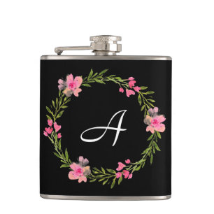 Zwarte Floral Aangepaste monogram Heupfles