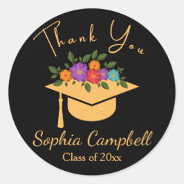 Zwarte Floral Afstuderen Klassieke ronde Sticker