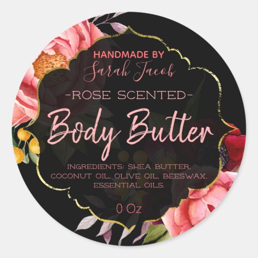 Zwarte Floral Body Butter Labels (Voorkant)