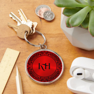 Zwarte Floral Circ Metallic Red Achtergrond Sleutelhanger