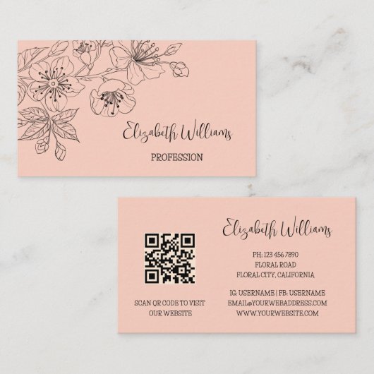 Zwarte Floral Line Art Botanische QR-code Visitekaartje (Voorkant / Achterkant)