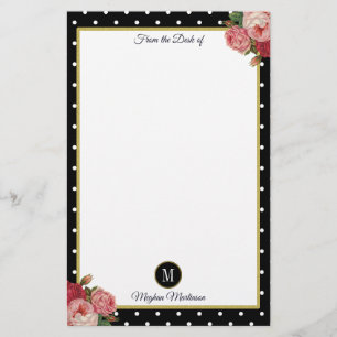 Zwarte  Floral Polka Dots Monogram Naam Briefpapier