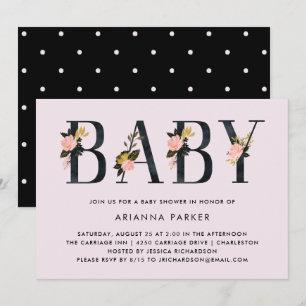  zwarte Floral Tekst op Blush   Baby shower Kaart