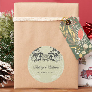 Zwarte Floral Vlourish Wedding Party Favor Ronde Sticker
