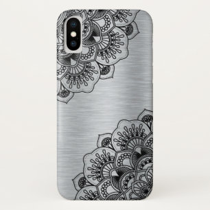 Zwarte florale mandala op zilvergeborsteld alumini iPhone x hoesje