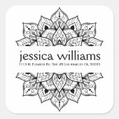 Zwarte florale mandala vierkante sticker (Voorkant)