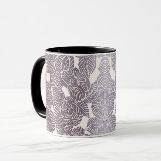 Zwarte florale sgraffito mok (Voorkant links)
